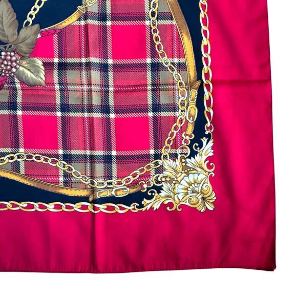 Vintage Art of the Scarf silky polyester wrap large square gold chain red plaid - Picture 5 of 7